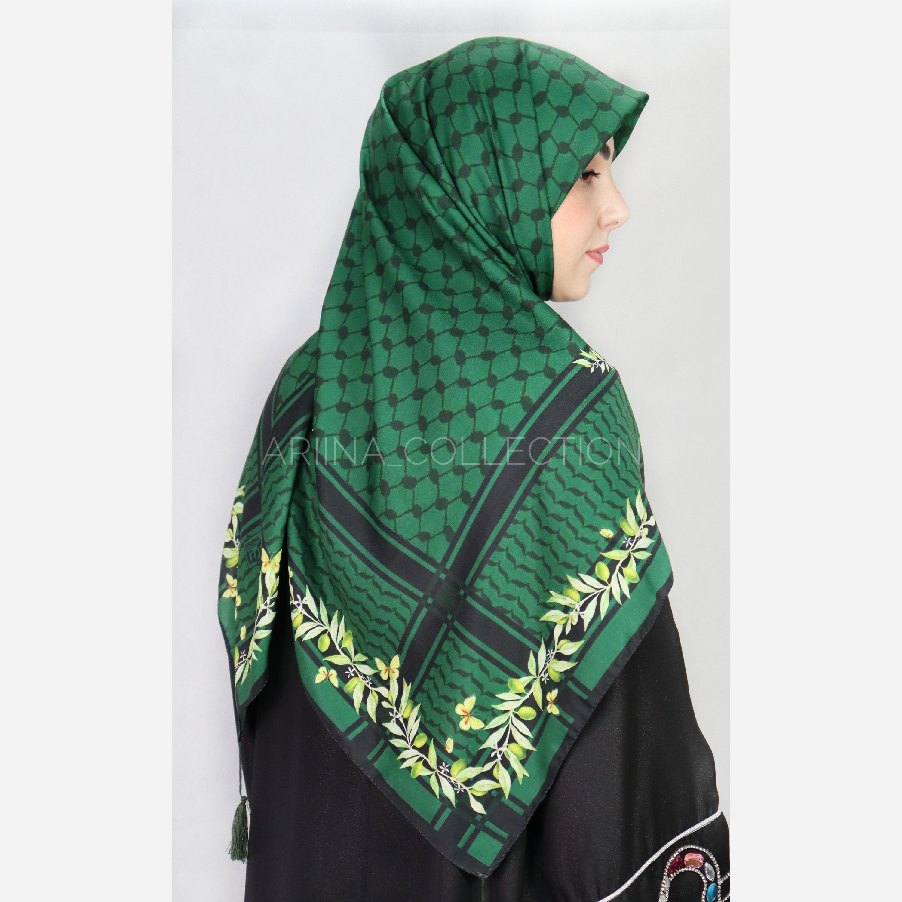 روسری نخ اسپان قواره 135طرح (زیتون)