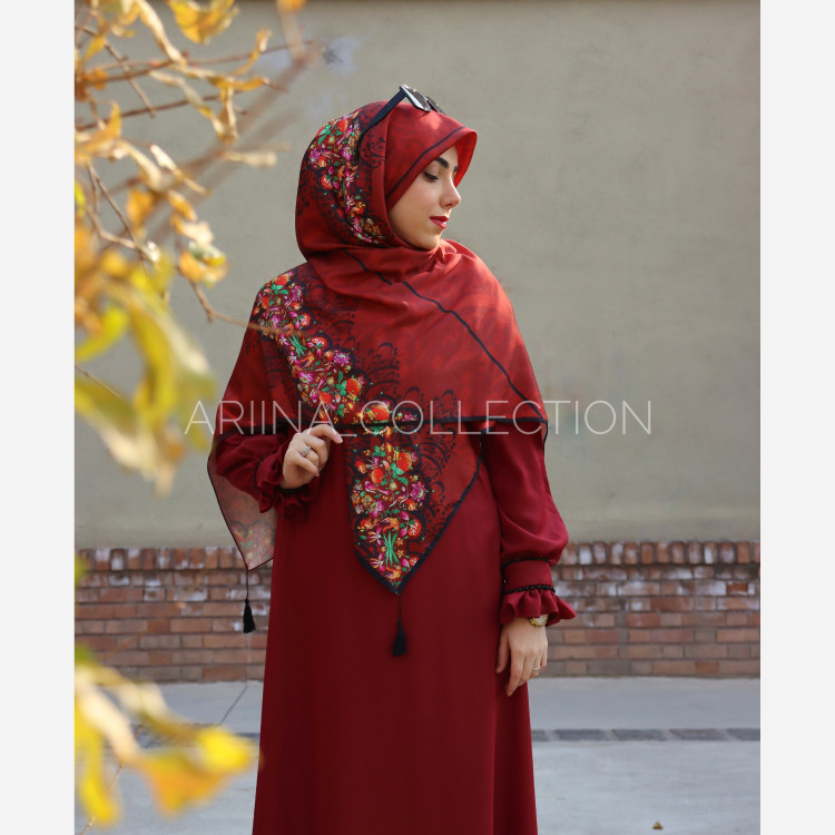 روسری نخی قواره 140 طرح مرغ آمین (زرشکی)