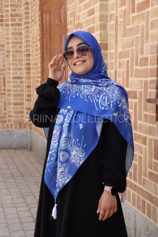 روسری نخی قواره 140 طرح ستایش (آبی)