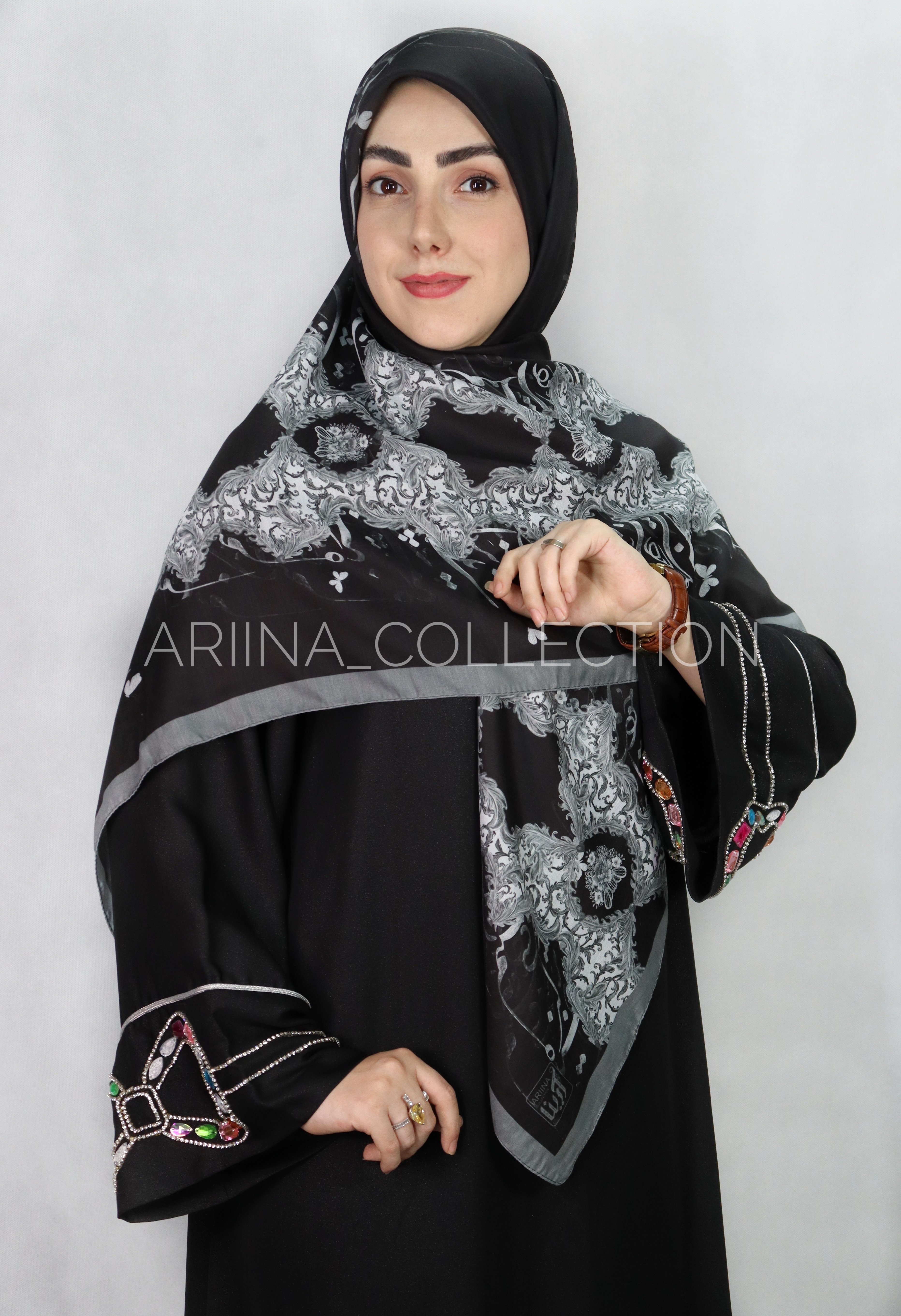 روسری نخی قواره 140 طرح ستایش (مشکی)